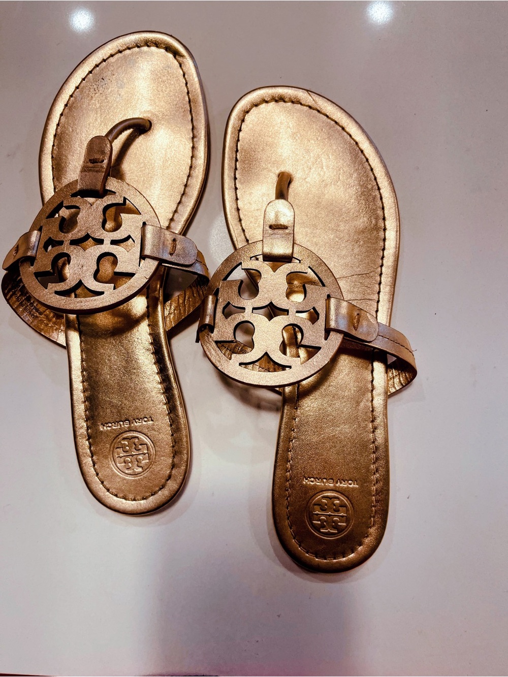 Tory Burch Metallic Gold Miller Logo Sandals - Women size 9.5